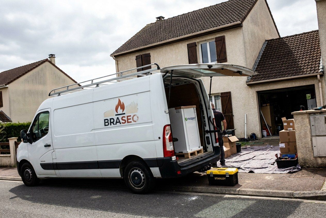 Camionnette Braseo garée devant une maison, une chaudière Frisquet neuve sur palette à l'arrière