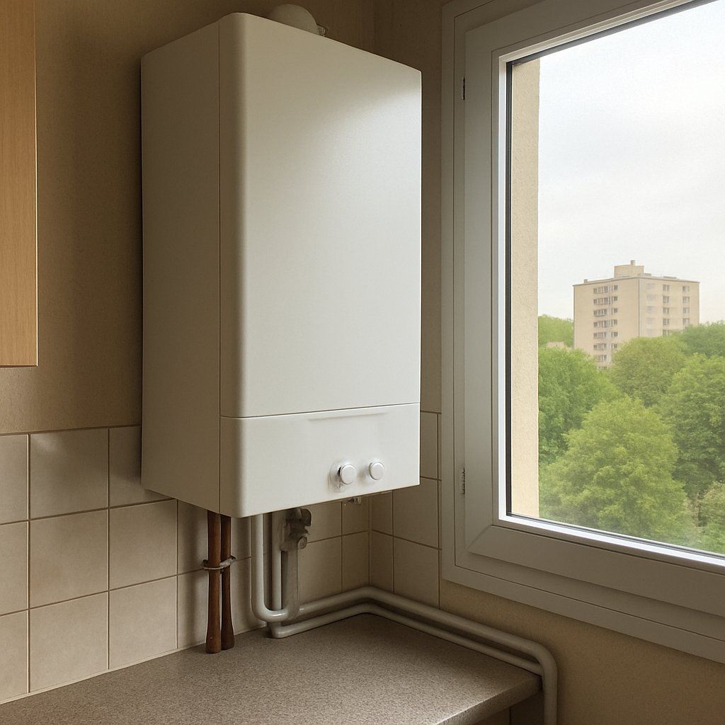 Chaudière murale dans une cuisine d'appartement, fenêtre sur une résidence et des arbres