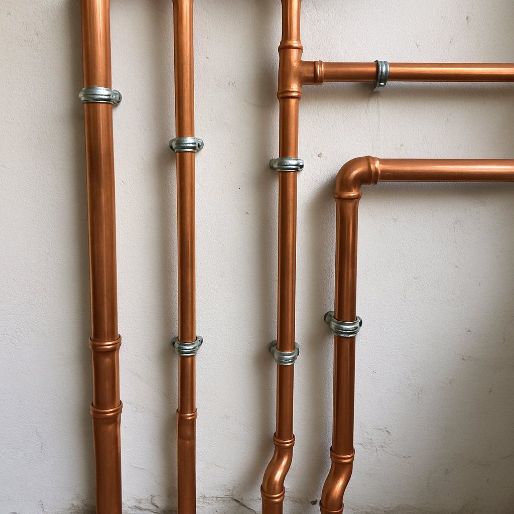 Tuyauteries en cuivre neuves fixées au mur par des colliers