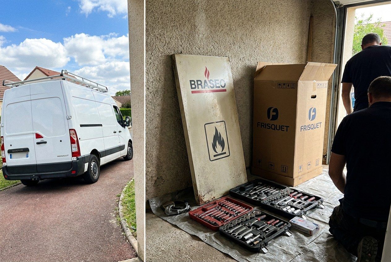 Carton de chaudière Frisquet et caisses à outils alignées sur une bâche dans un garage