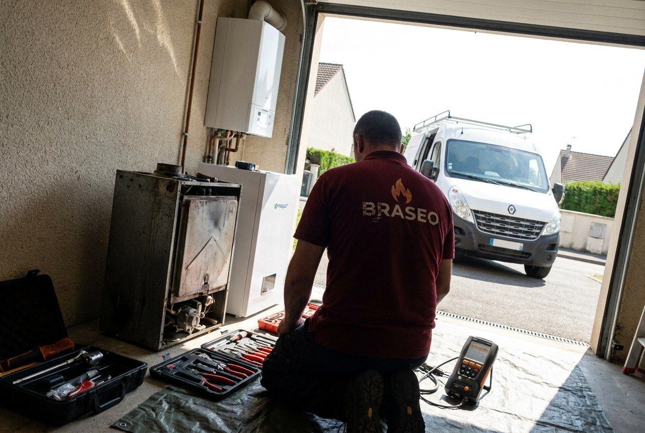 Technicien Braseo à genoux dans un garage, outils étalés sur une bâche, analyseur de combustion au sol
